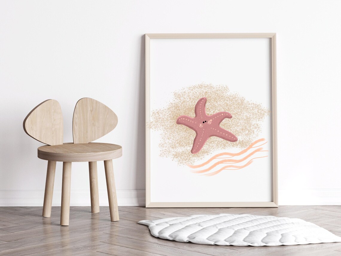 Sweet Pink Starfish Sandy Beach Watercolor Nursery Wall Poster