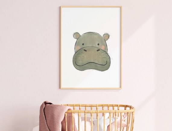 Cute Baby Hippo Face Safari Animal Watercolor Nursery Poster