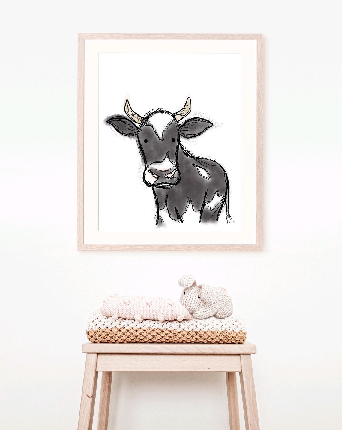 Black and White Cow Watercolor Sketch Farm Nursery Kids Wall Art - Image 2