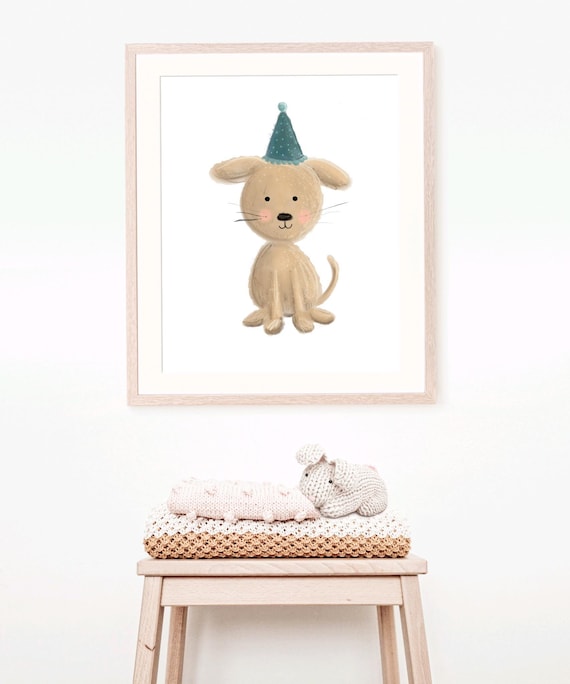 Cute Puppy with Party Hat Watercolor Nursery Birthday Wall Art