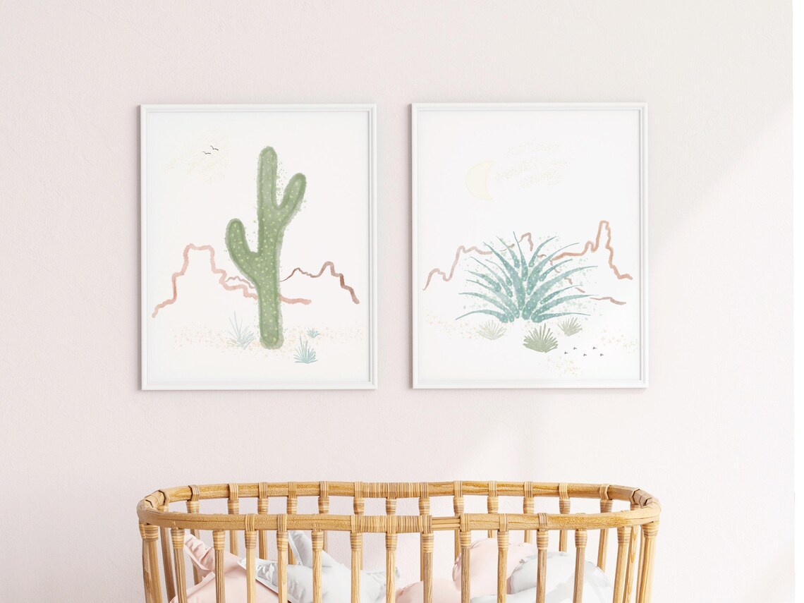 Green Saguaro Cactus Watercolor Desert Doodle Nursery Wall Art - Image 2