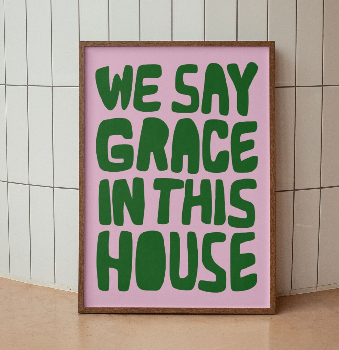 We Say Grace in This House Pink Green Retro Kitchen Decor Poster