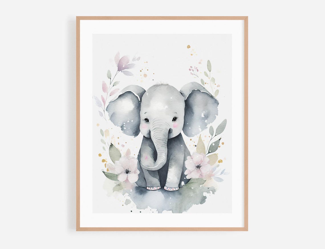 Baby Elephant Watercolor Nursery Portrait With Pink Flowers Poster