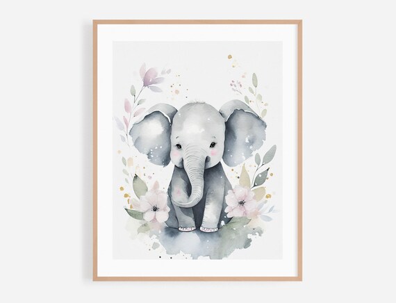 Baby Elephant Watercolor Nursery Portrait With Pink Flowers Poster
