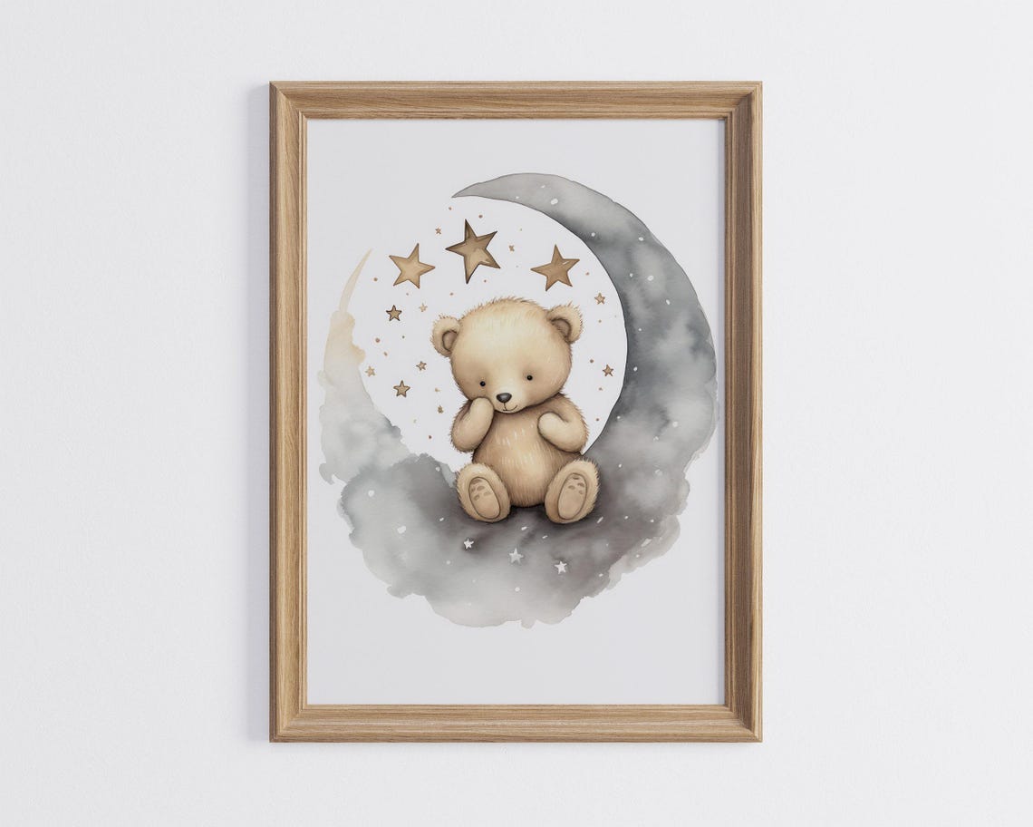 Cozy Teddy Bear Sitting on Crescent Moon With Stars Nursery Poster