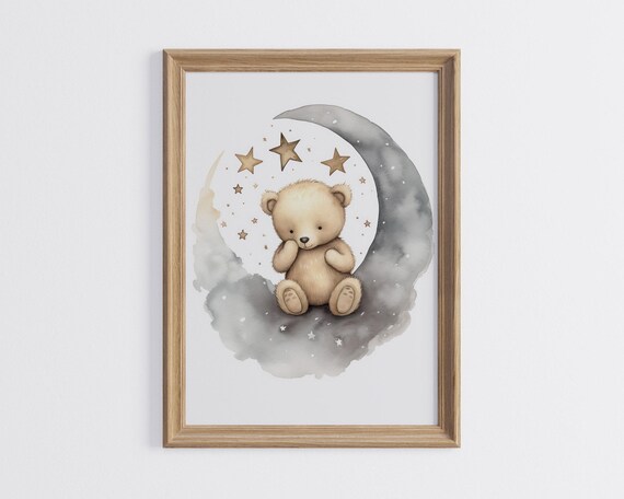 Cozy Teddy Bear Sitting on Crescent Moon With Stars Nursery Poster