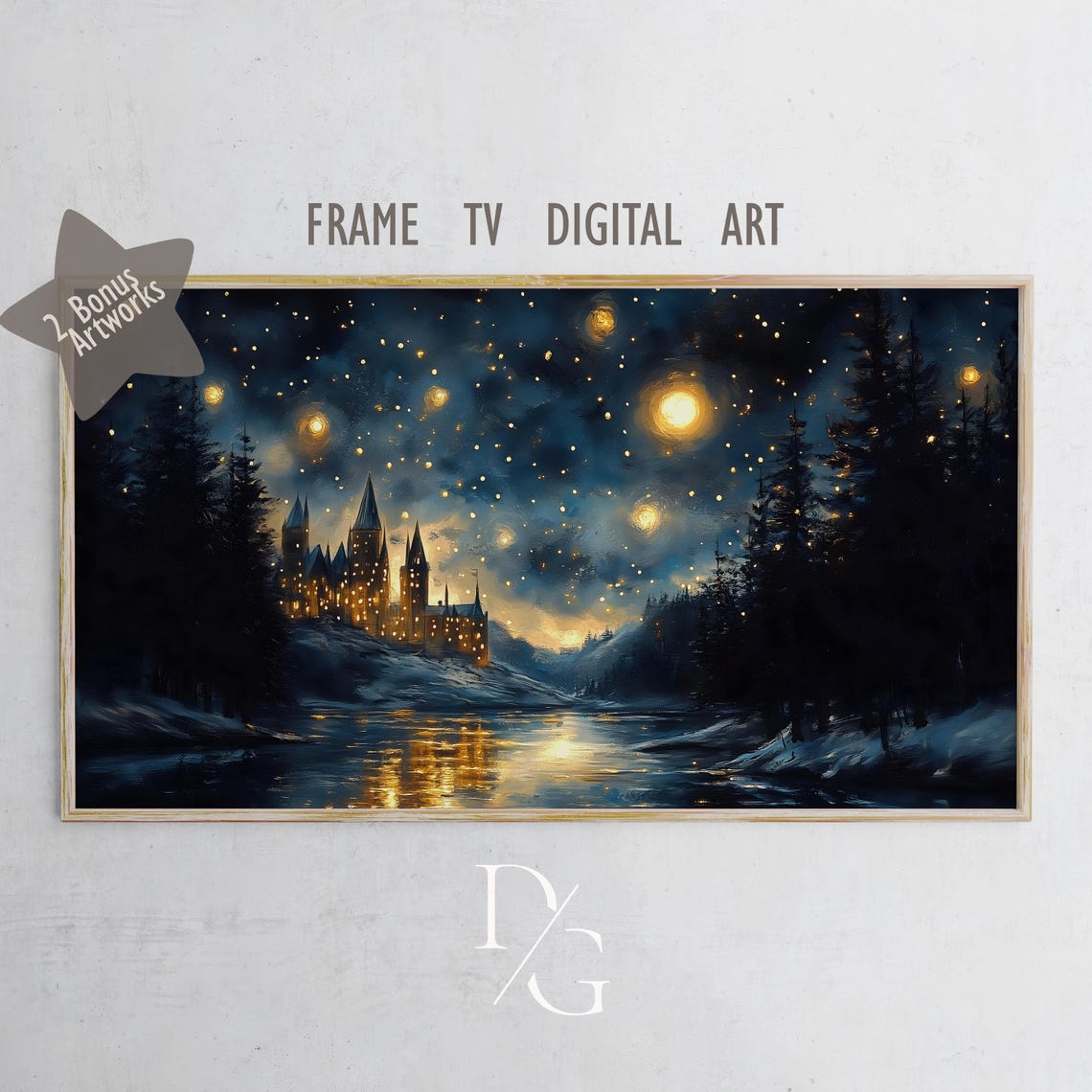 Magical Castle Under Starry Night Sky by Lake Frame TV Poster