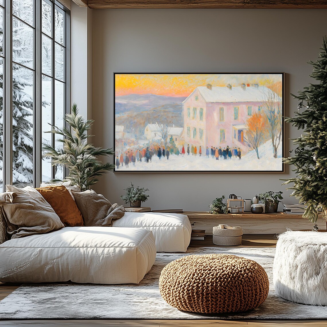 Pastel Winter Gathering Pink House Snowy Dusk Impressionist Frame TV Poster - Image 2