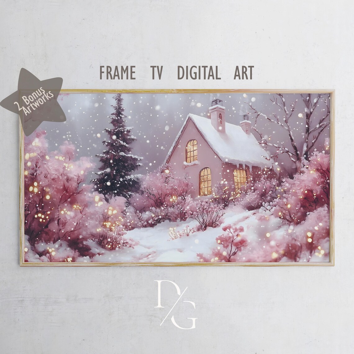 Enchanted Winter Cottage Pink Blossom Trees Snowy Night Frame TV Poster - Image 5