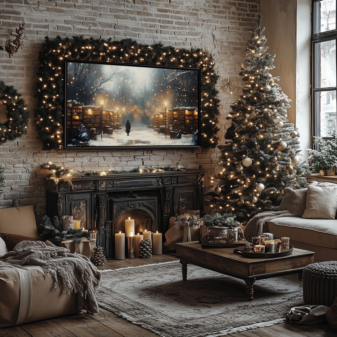 Snowy Book Market Street with Glowing Shelves Frame TV Poster - Image 4