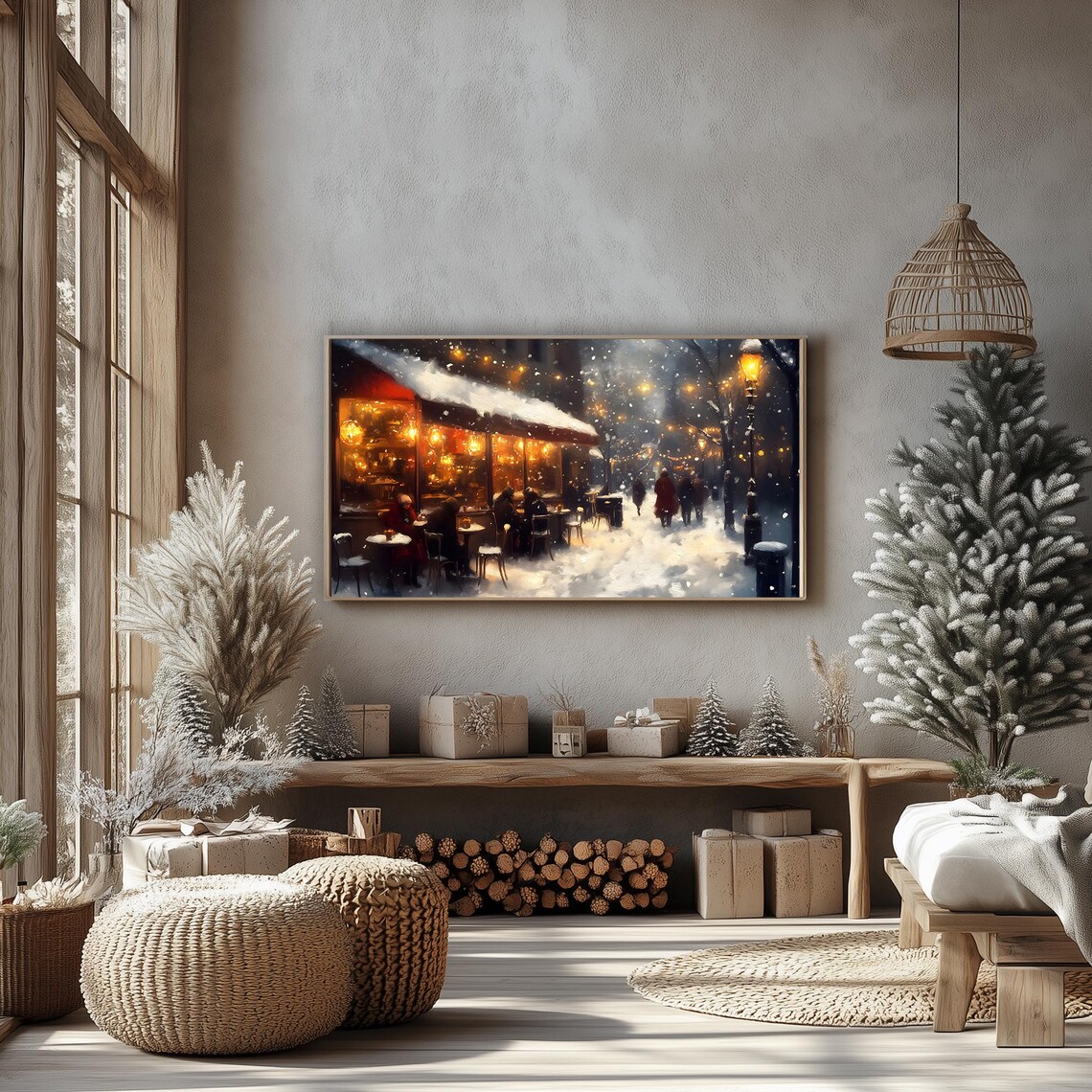 Cozy Cafe in Winters Embrace Snowy Night Street Warm Lights Frame TV Poster - Image 4