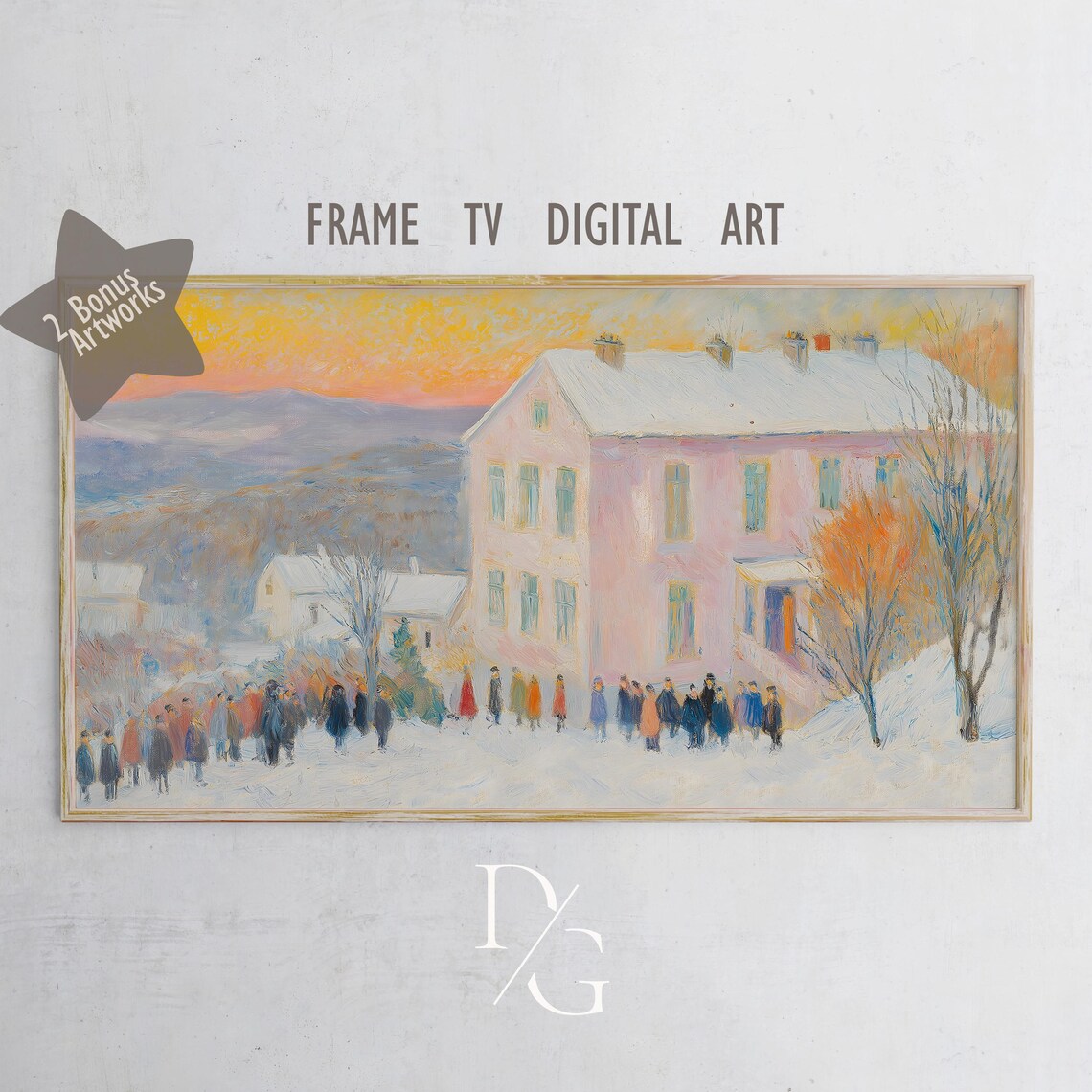 Pastel Winter Gathering Pink House Snowy Dusk Impressionist Frame TV Poster - Image 5