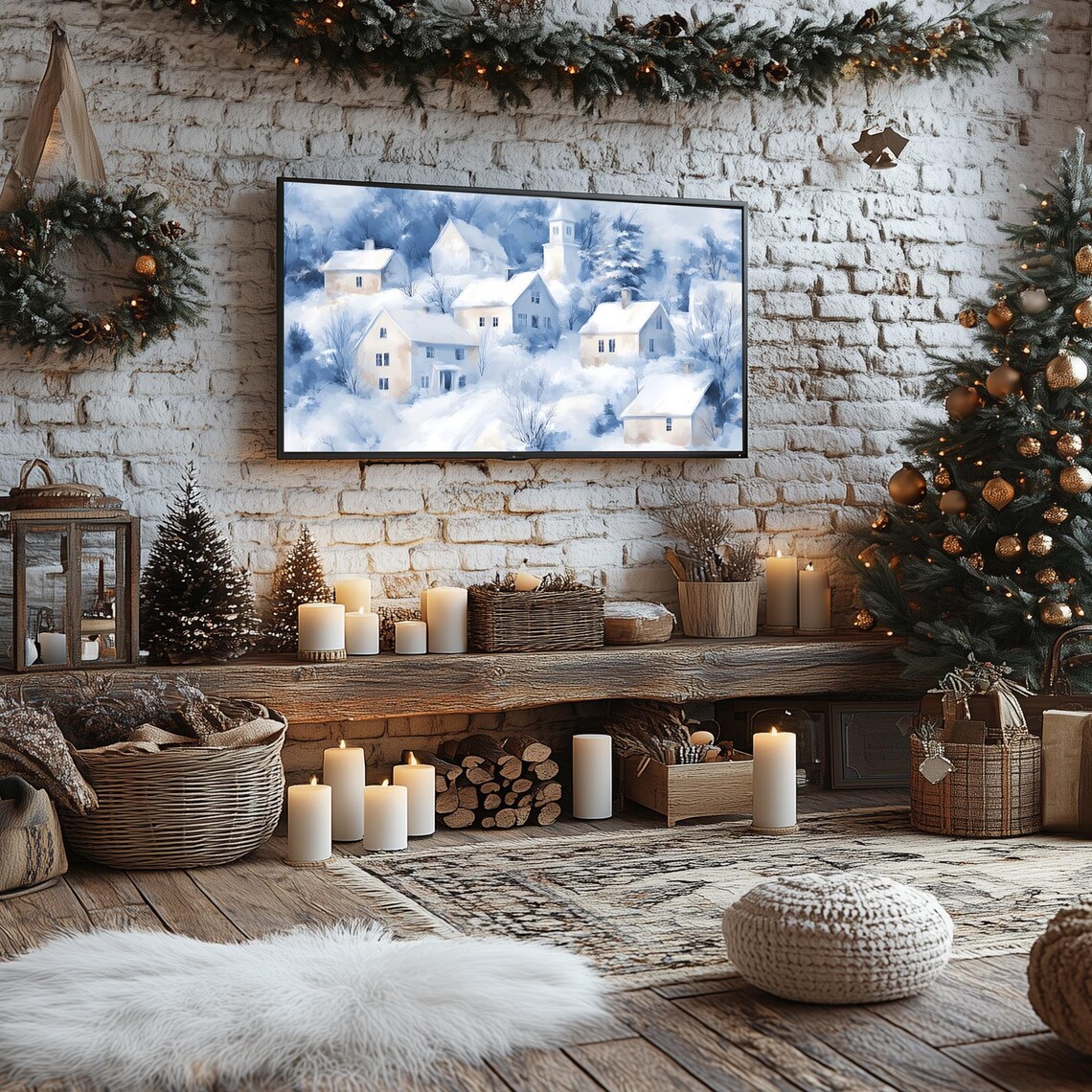 Snowy Blue Village with Church Winter Watercolor Holiday Poster - Image 4