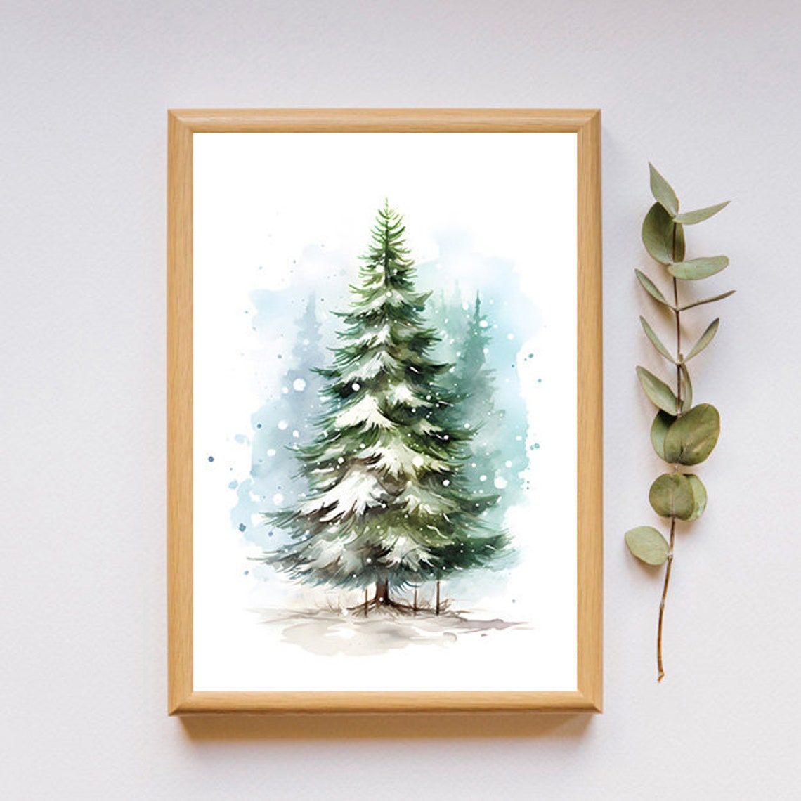 Watercolor Snow Covered Pine Tree On Light Blue Winter Poster - Image 2