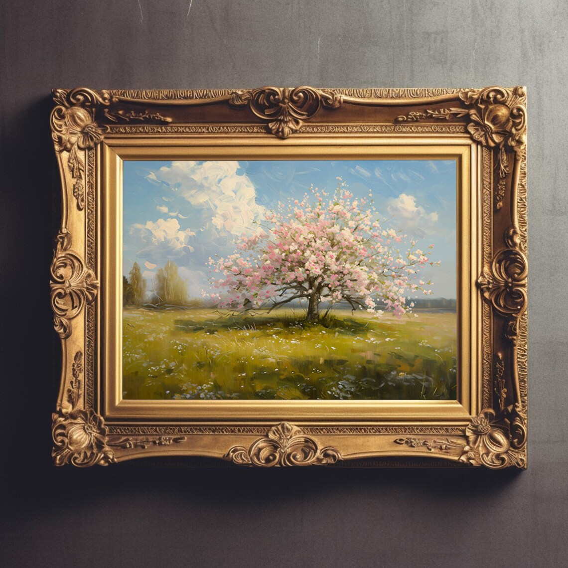 Blooming Cherry Tree Oil Painting in Sunny Green Meadow with Blue Sky Poster - Image 3