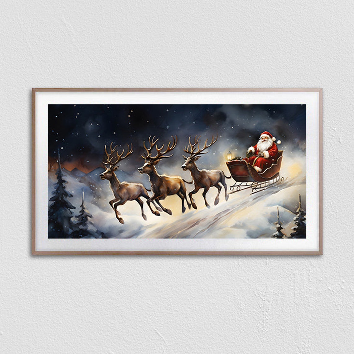 Santa Sleigh With Three Reindeer Starry Night Christmas Poster - Image 3