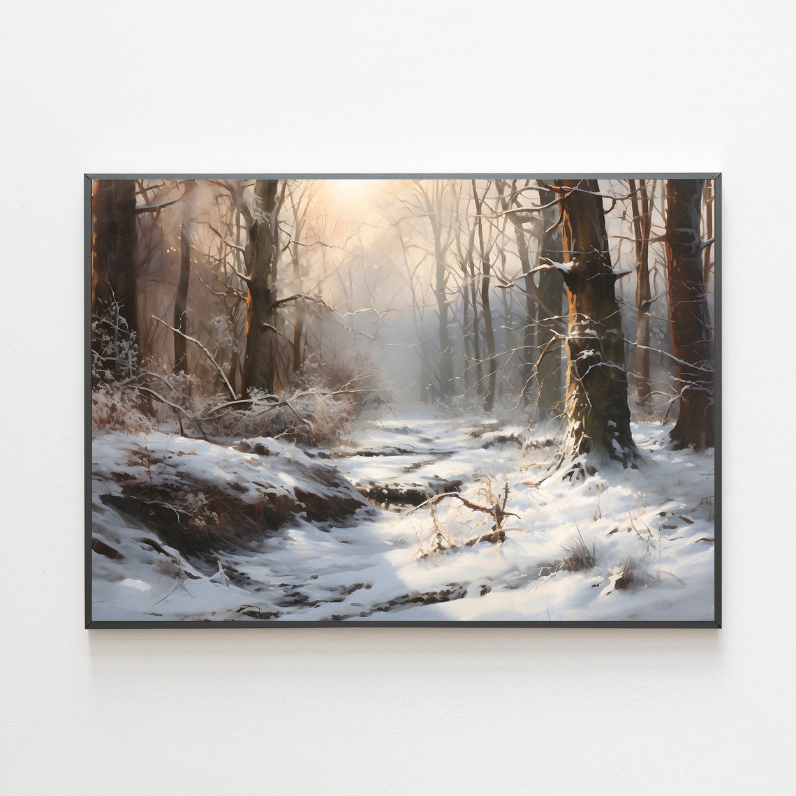 Sunlit Snowy Woodland Path Winding Between Tall Winter Trees Poster