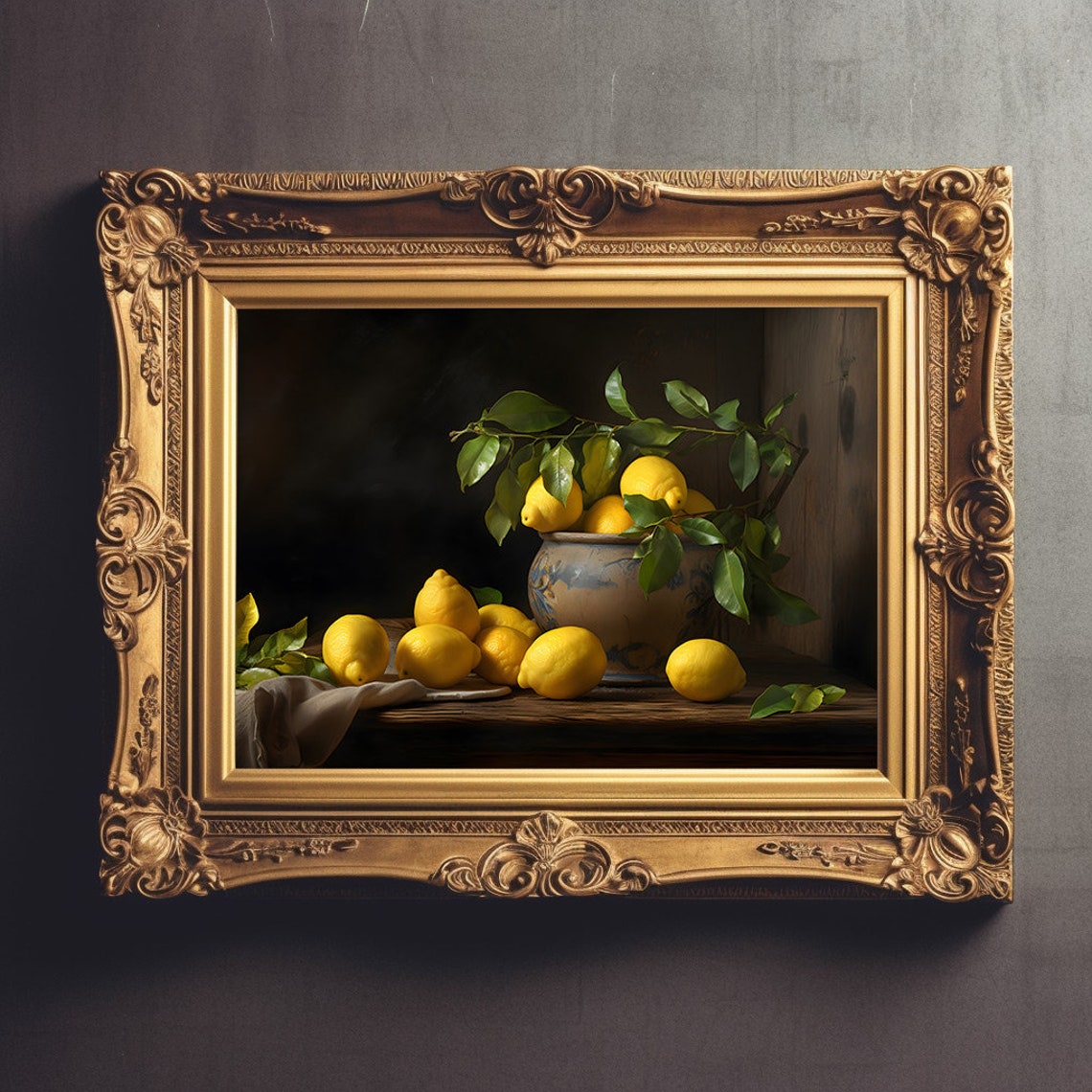 Ceramic Vase Lemons Branch Moody Dark Botanical Still Life Poster - Image 2
