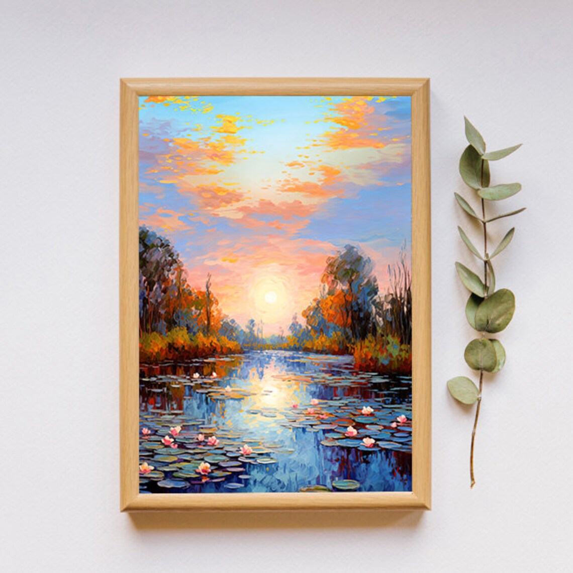 Sunset Over Lily Pond Impressionist Oil Painting with Pink Water Lilies Poster - Image 2