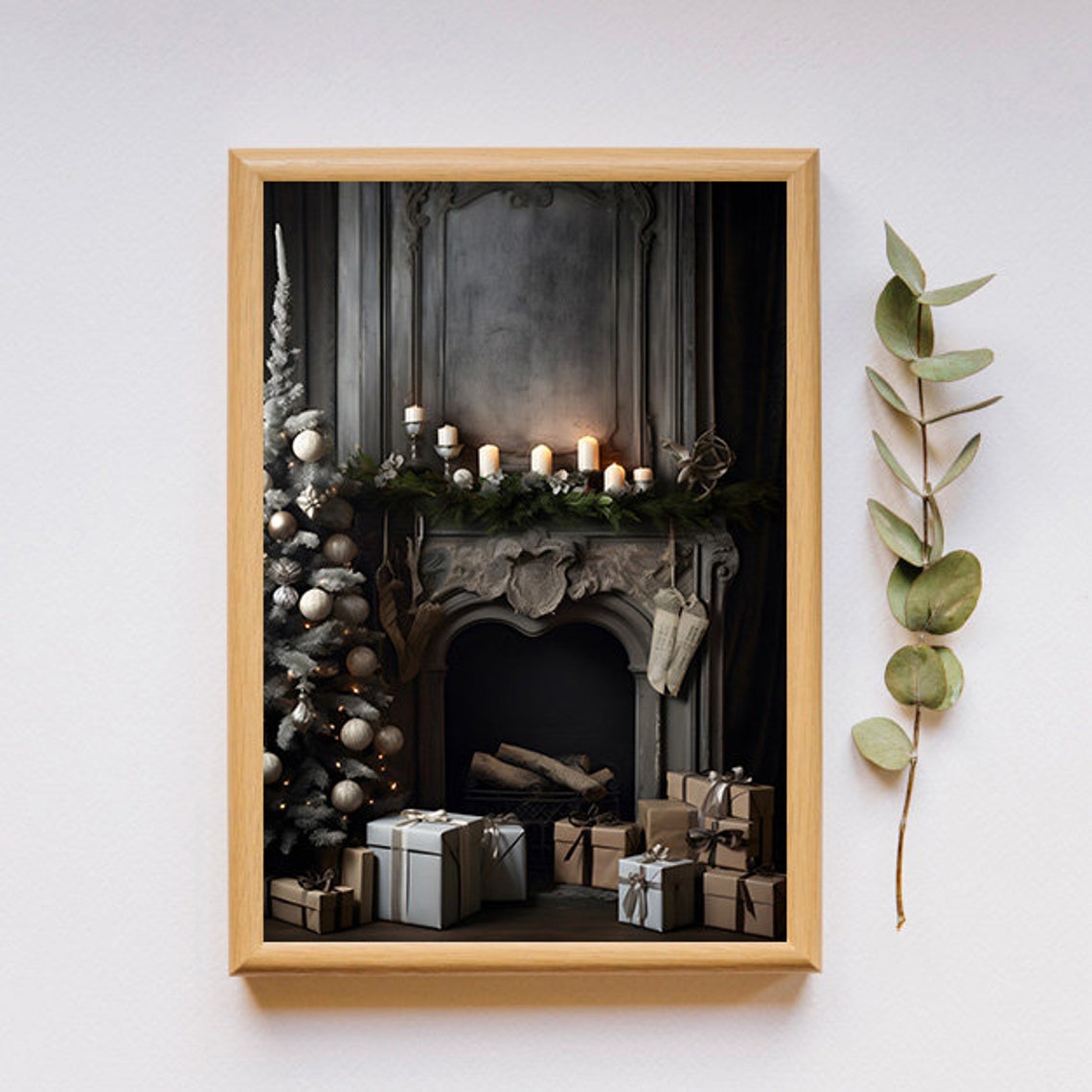 Moody Christmas Fireplace Mantel With Candles And Gifts Poster - Image 2
