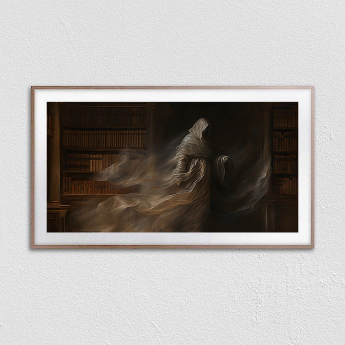 Ghostly Robed Figure Drifting Dark Library Haunted Gothic Print - Image 2