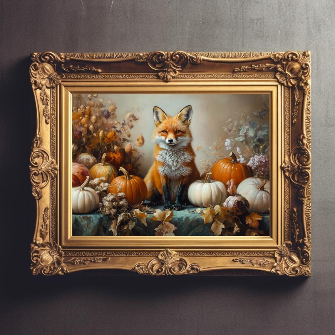 Red Fox with Pumpkins Harvest Still Life Autumn Decor Painting Poster - Image 3