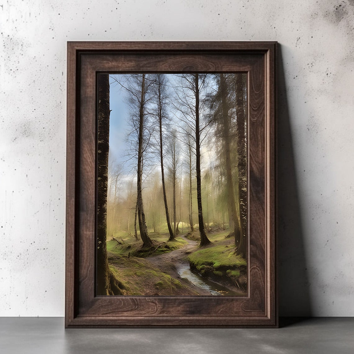 Misty Birch Forest Path Stream Spring Woodland Nature Poster - Image 2