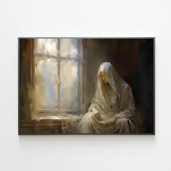 Shrouded Woman By Window Soft Light Vintage Gothic Painting Poster