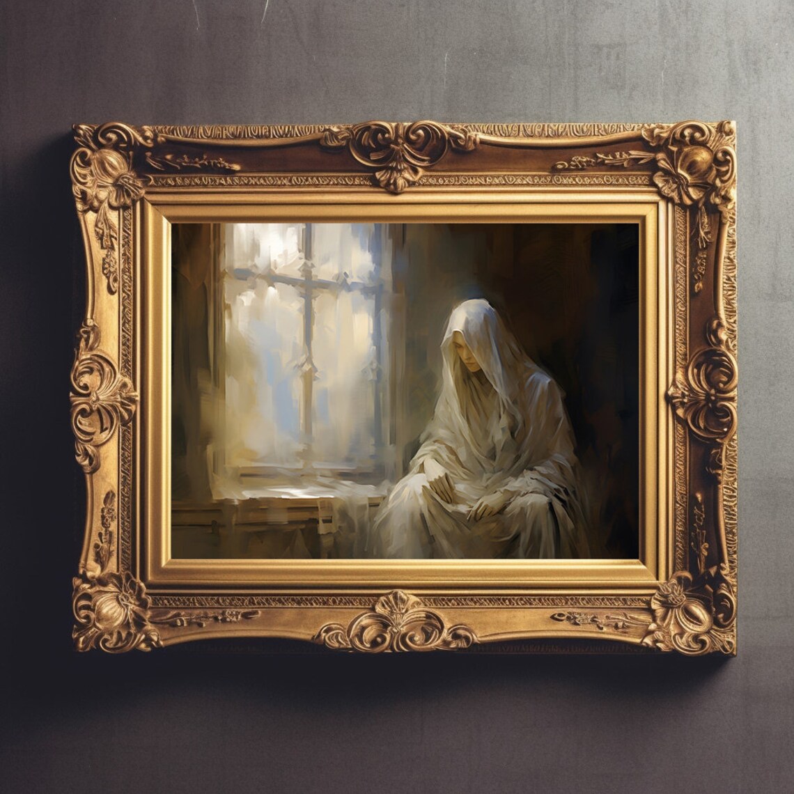 Shrouded Woman By Window Soft Light Vintage Gothic Painting Poster - Image 2