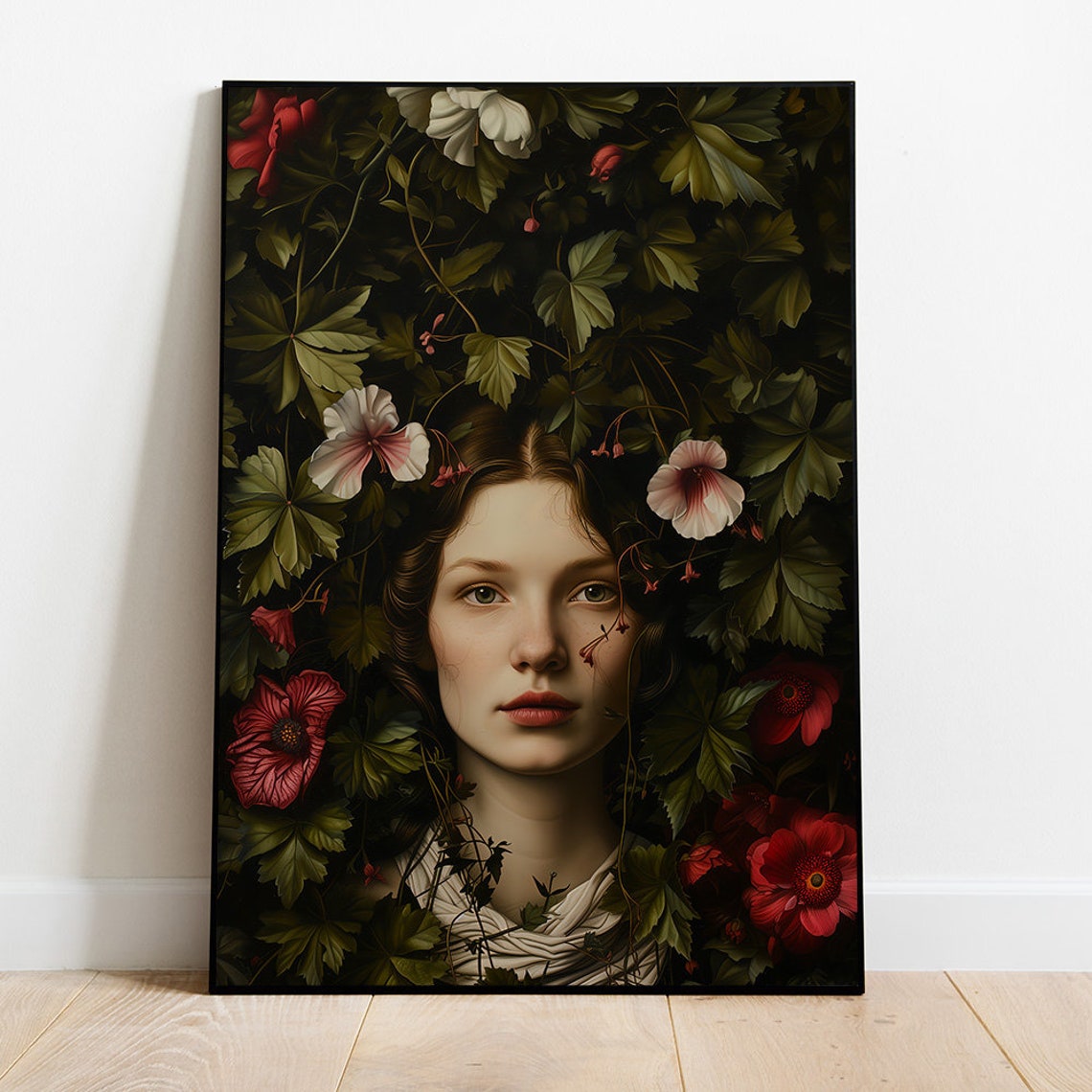 Woman Face Emerging From Dark Botanical Floral Thicket Poster