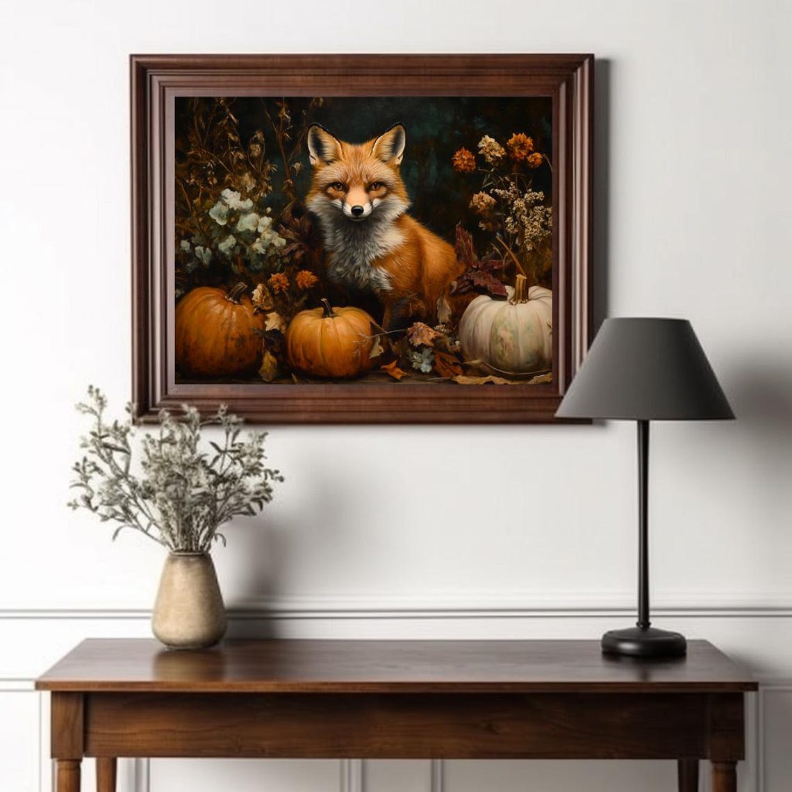 Red Fox Among Pumpkins Autumn Harvest Floral Fall Decor Art Poster - Image 2