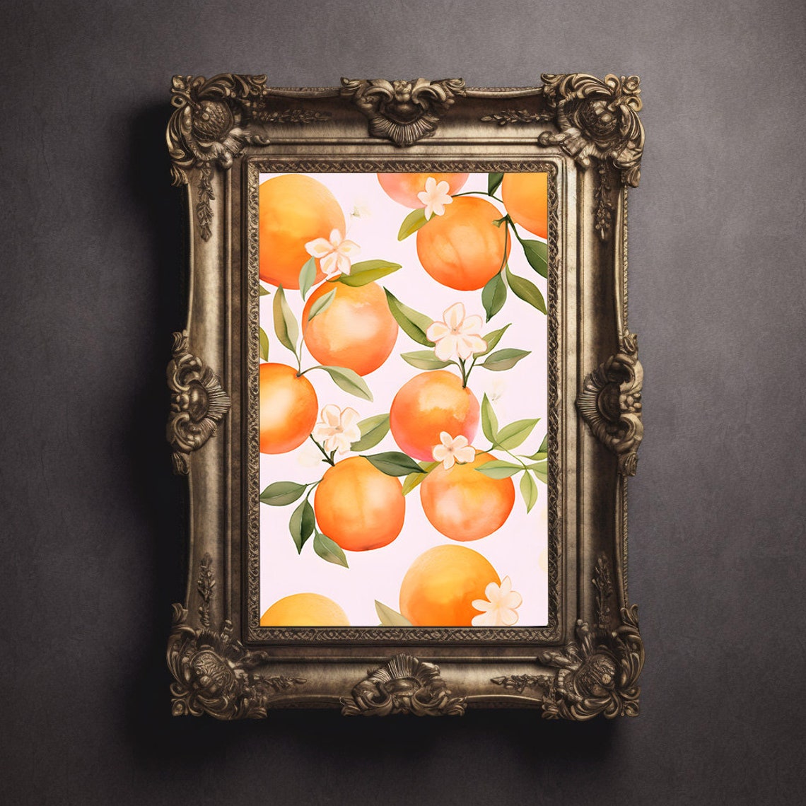 Juicy Orange Pattern Watercolor Blossoms Fruit Kitchen Poster - Image 3