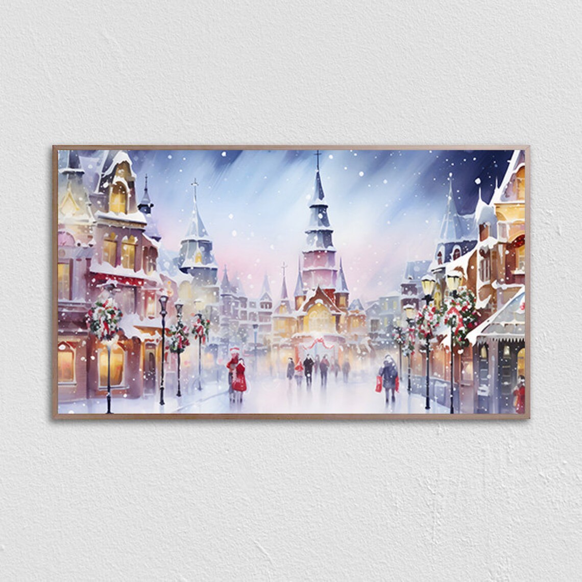 Snowy Christmas Village Street Watercolor With Church Poster