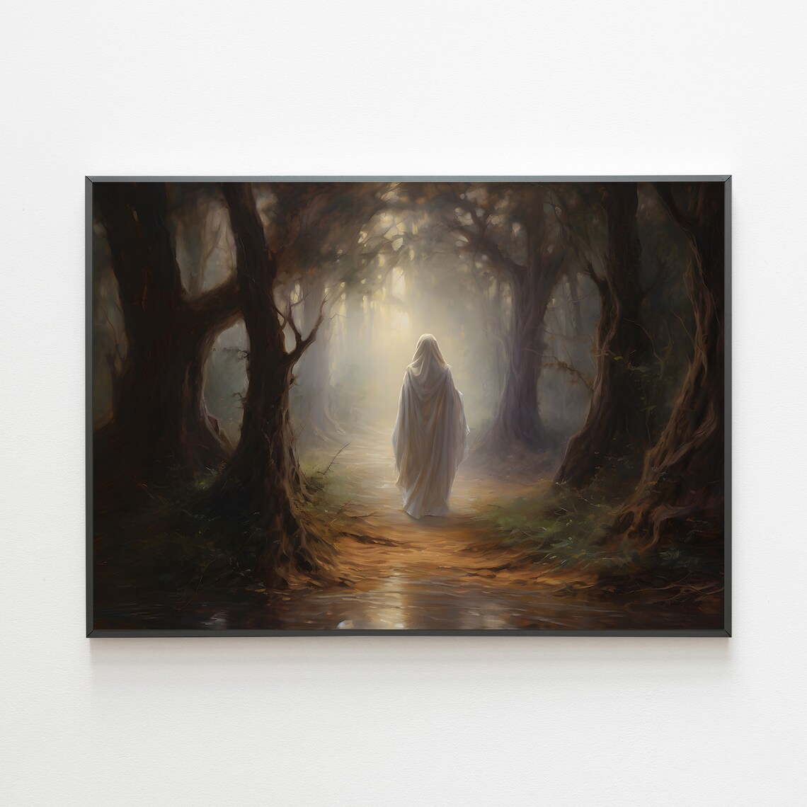 Ghostly Figure Misty Forest Path White Spirit Halloween Wall Art
