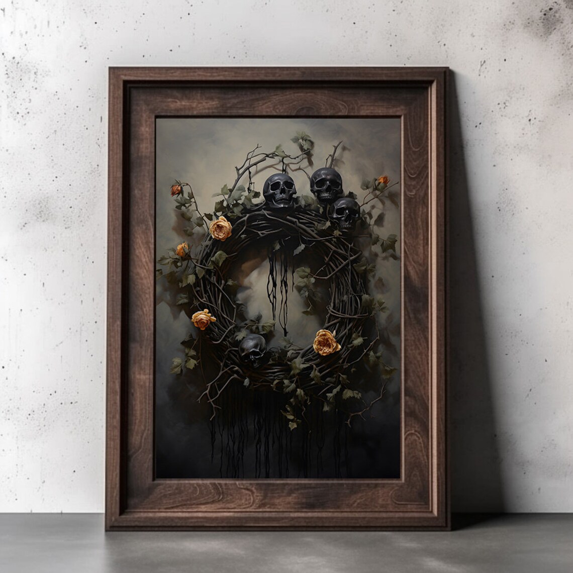 Gothic Skull Wreath With Roses Dark Halloween Floral Art Poster - Image 2