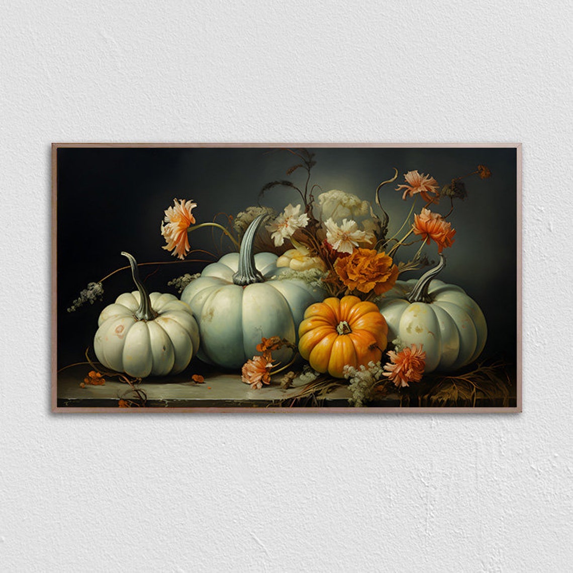 Teal Pumpkins And Fall Flowers Moody Still Life Painting Poster