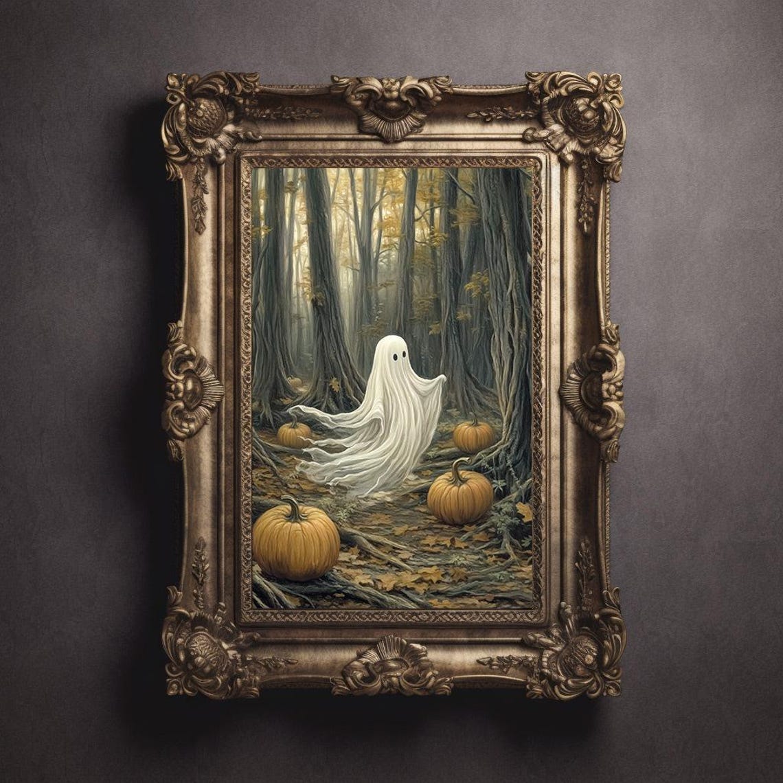 Cute White Ghost with Pumpkins in Dark Forest Halloween Poster - Image 3