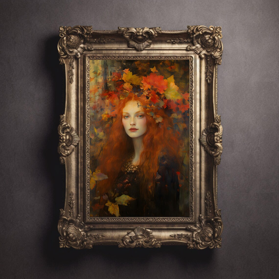 Red Haired Woman Surrounded By Autumn Leaves Oil Portrait Poster - Image 2