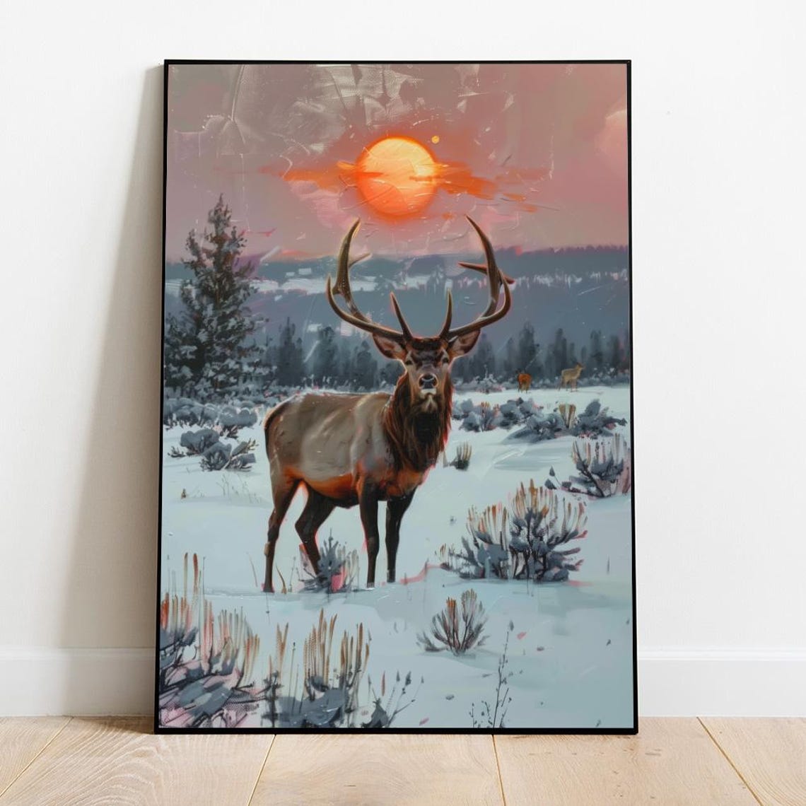 Majestic Bull Elk In Snowy Meadow Beneath Pink Sunset Poster