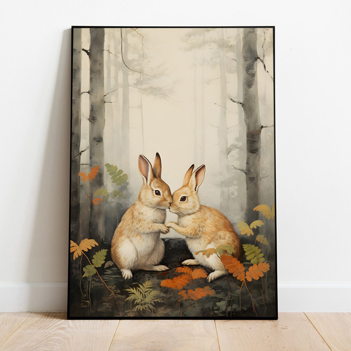 Two Cute Bunnies Nose Touch Misty Autumn Forest Nursery Print