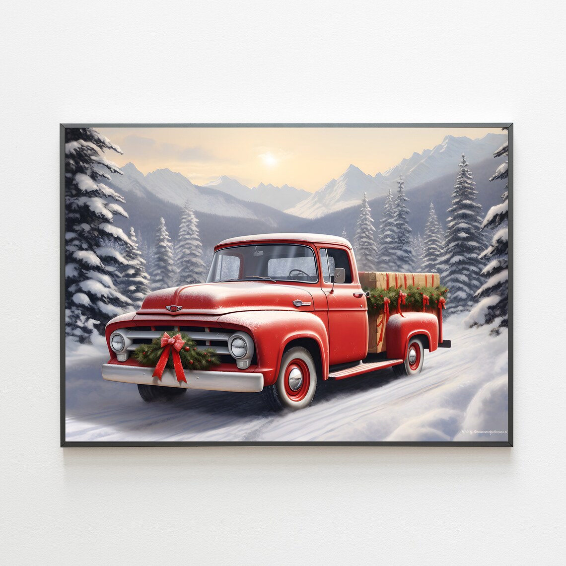 Vintage Red Ford Pickup Truck With Christmas Wreath And Garland Poster