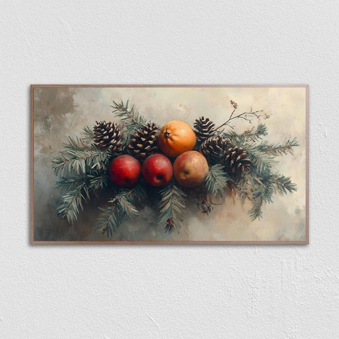 Winter Fruit Still Life Apples Oranges Pinecones and Evergreen Poster