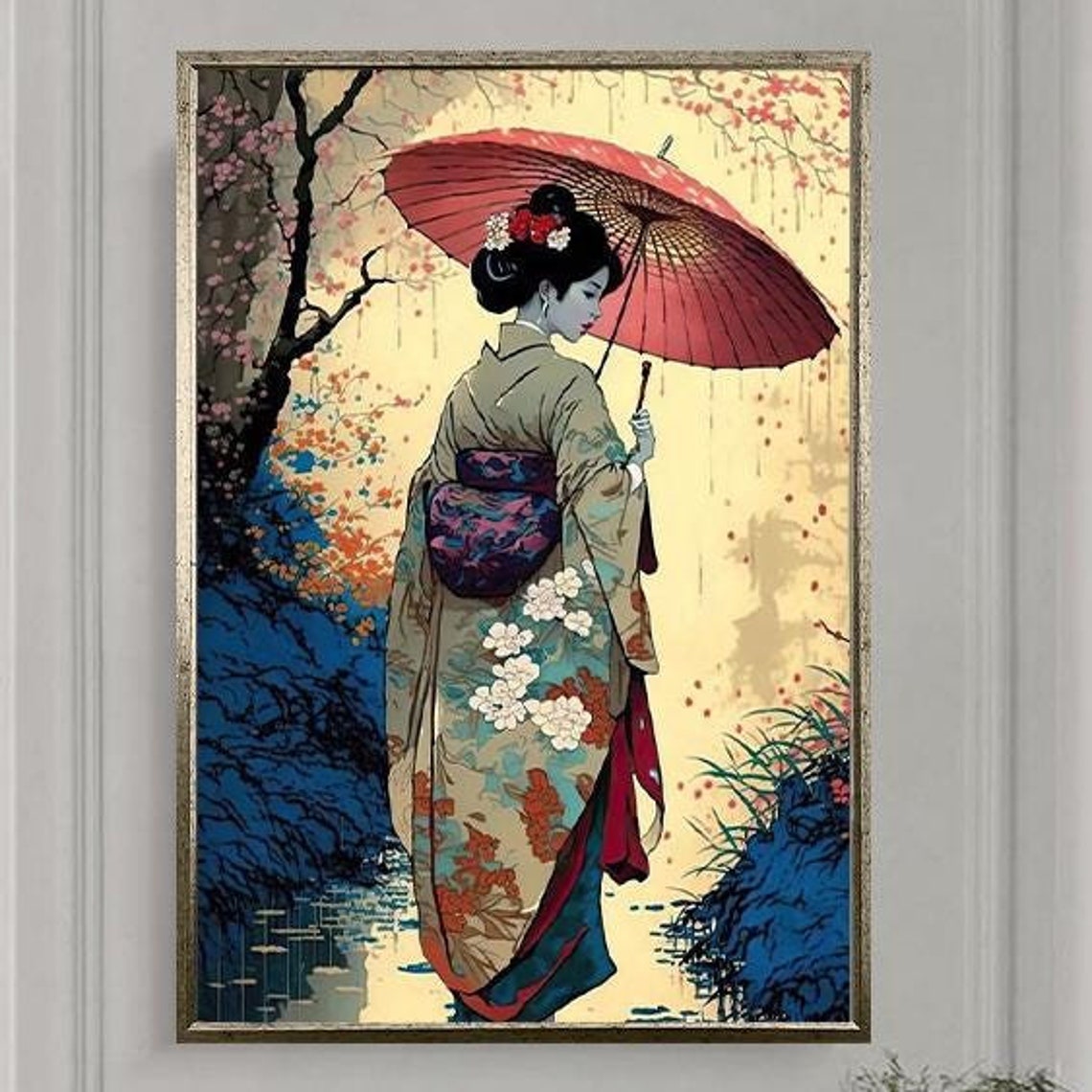 Geisha In Kimono With Red Parasol Classic Ukiyo-e Style Wall Poster