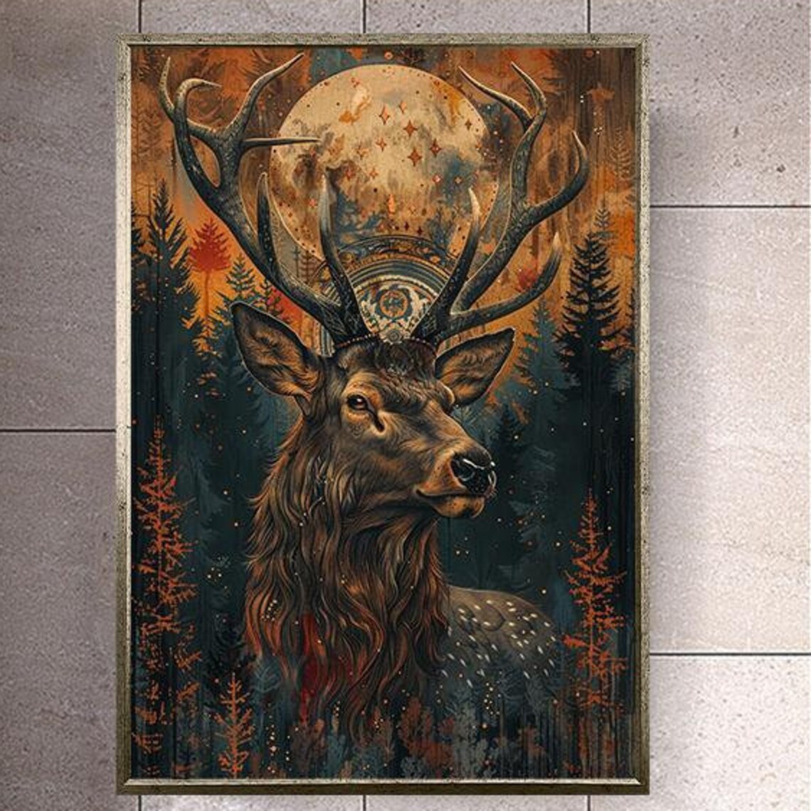 Moonlit Stag Portrait Under A Full Moon In An Autumn Pine Forest Wall Art