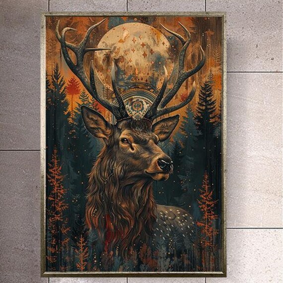 Moonlit Stag Portrait Under A Full Moon In An Autumn Pine Forest Wall Art