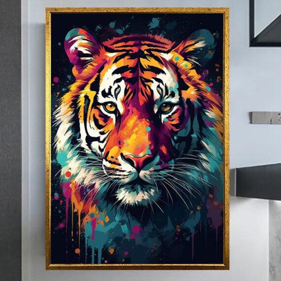 Vibrant Pop Art Tiger Face Portrait On Black Background Wall Poster