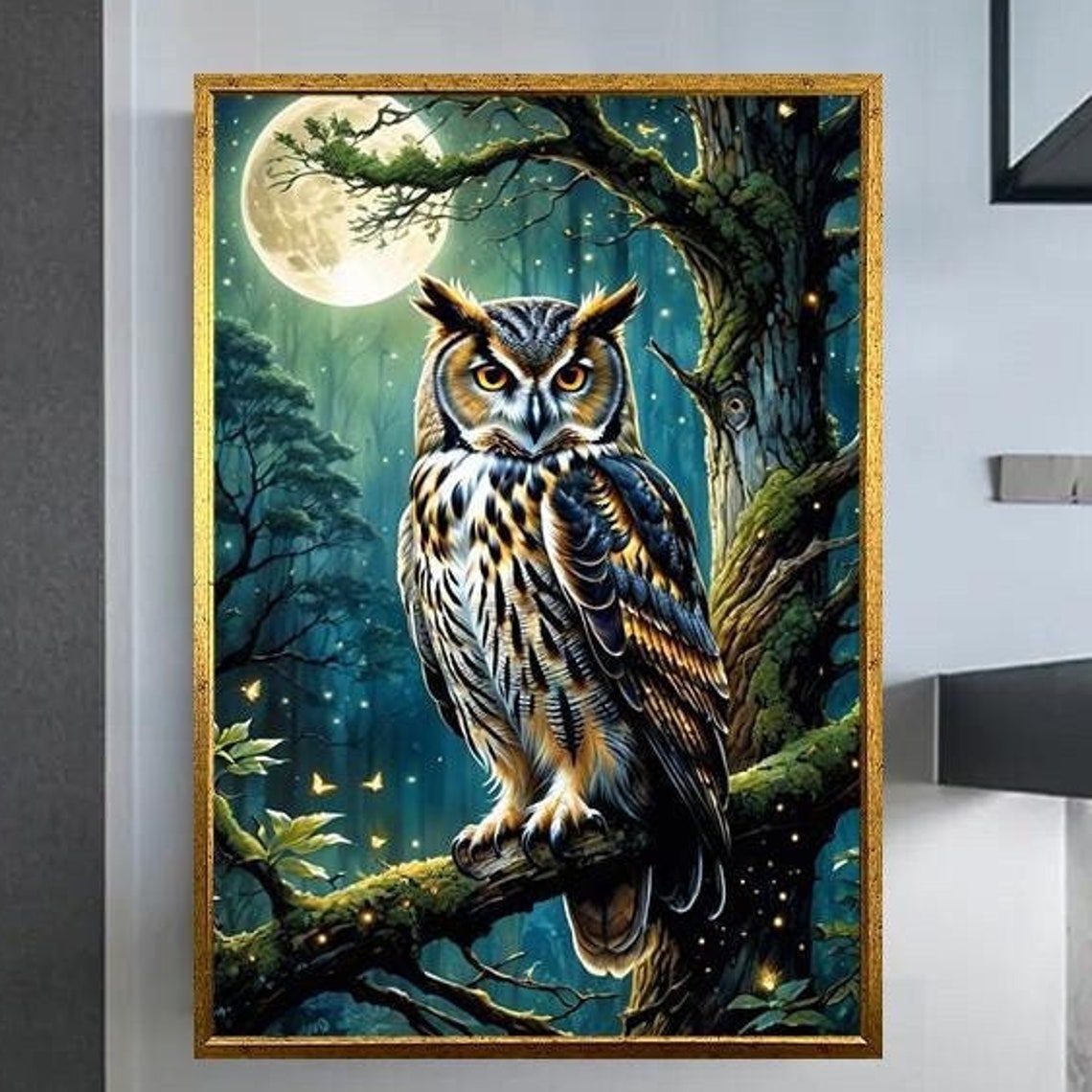 Long Eared Owl in a Moonlit Forest Under the Full Moon Poster