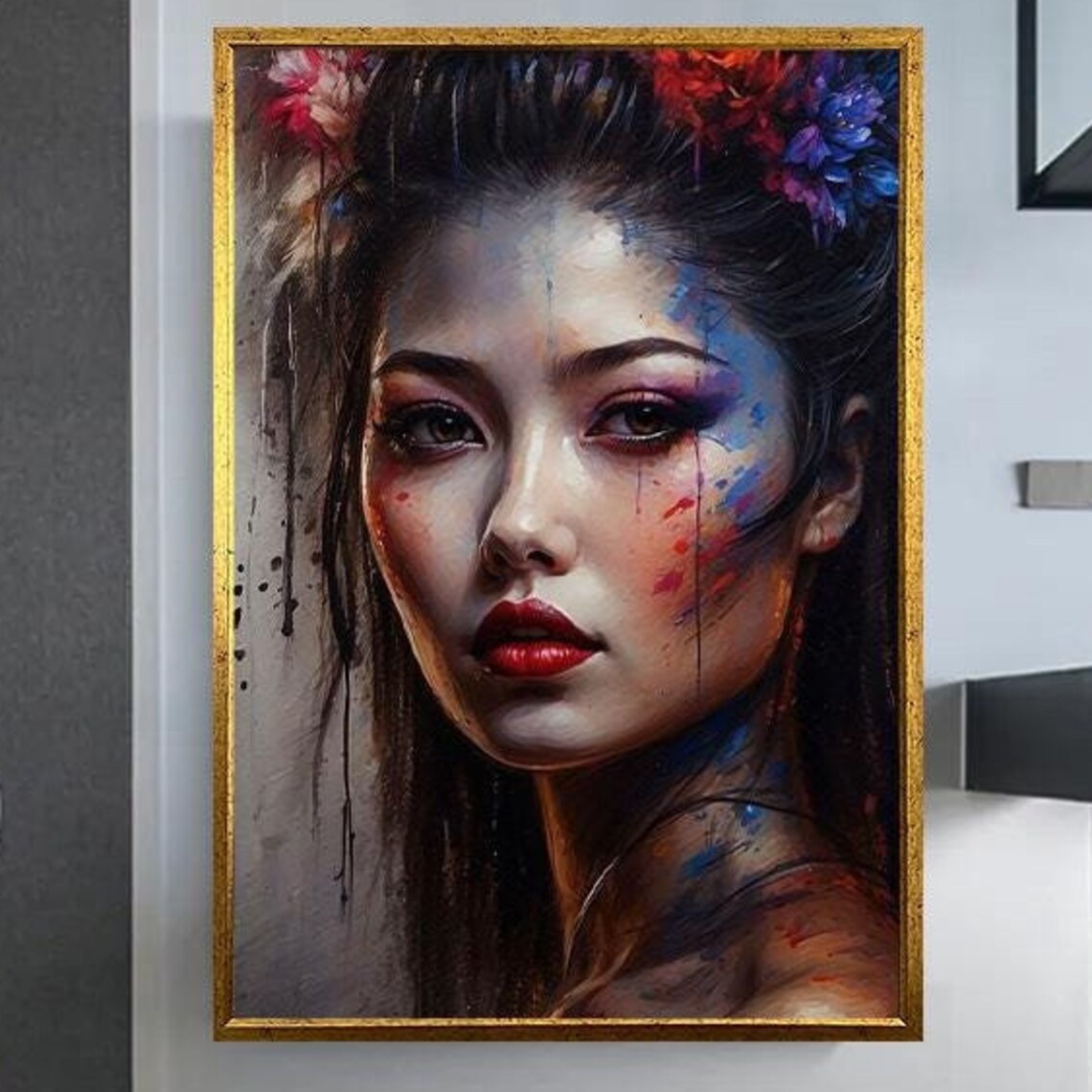 Geisha Beauty Portrait With Floral Hair Paint Drip Japanese Art Poster