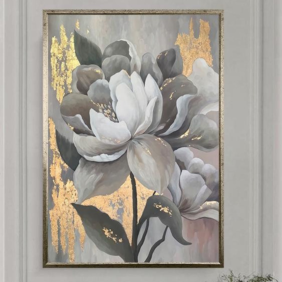 White Grey Blossoms With Gold Leaf Elegant Floral Art Poster