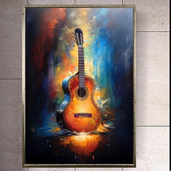 Acoustic Guitar Abstract Oil Painting Blue Orange Music Art Poster